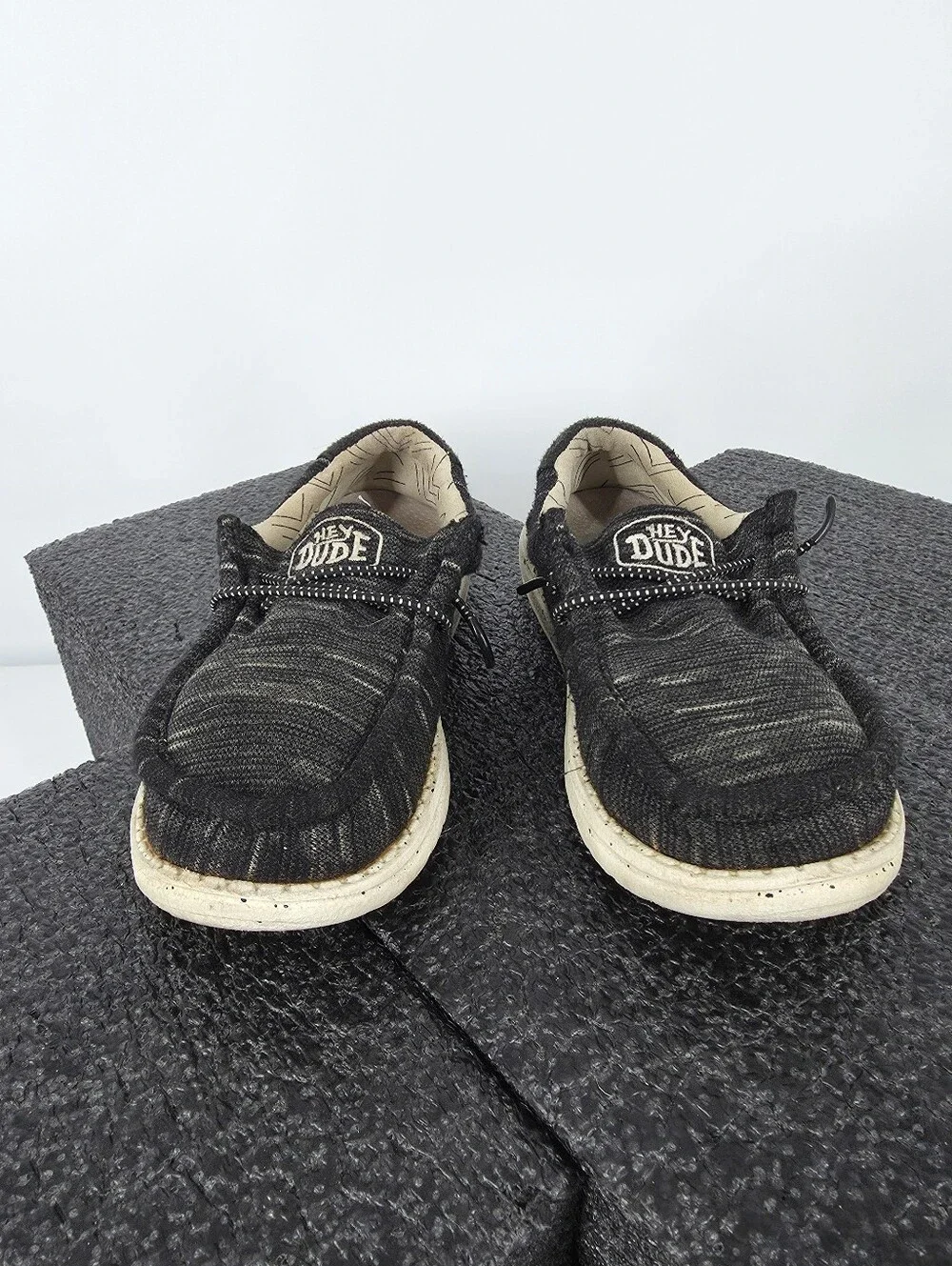 Hey Dude Wally Youth Stretch K12 Shoes Black Charcoal Heather Loafers